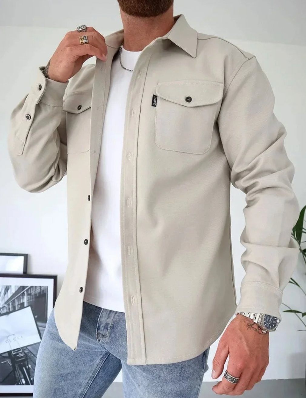 Men's long sleeve shirt jacket with collar and two chest pockets