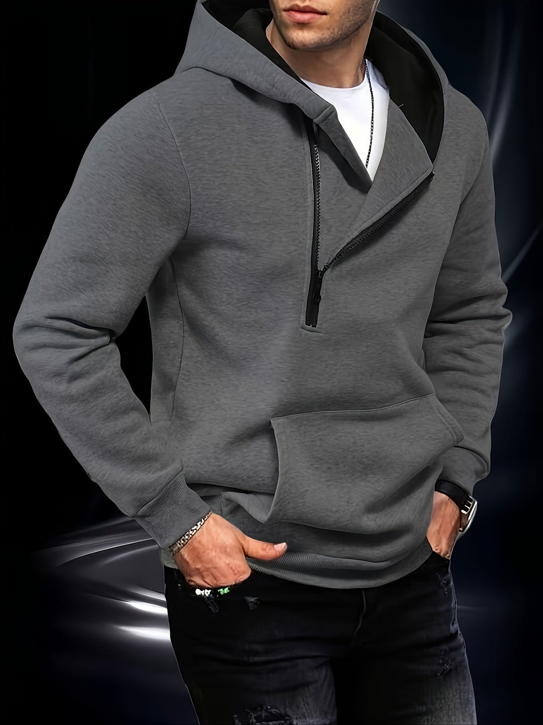 Men's hooded sweatshirt with diagonal zipper and kangaroo pocket