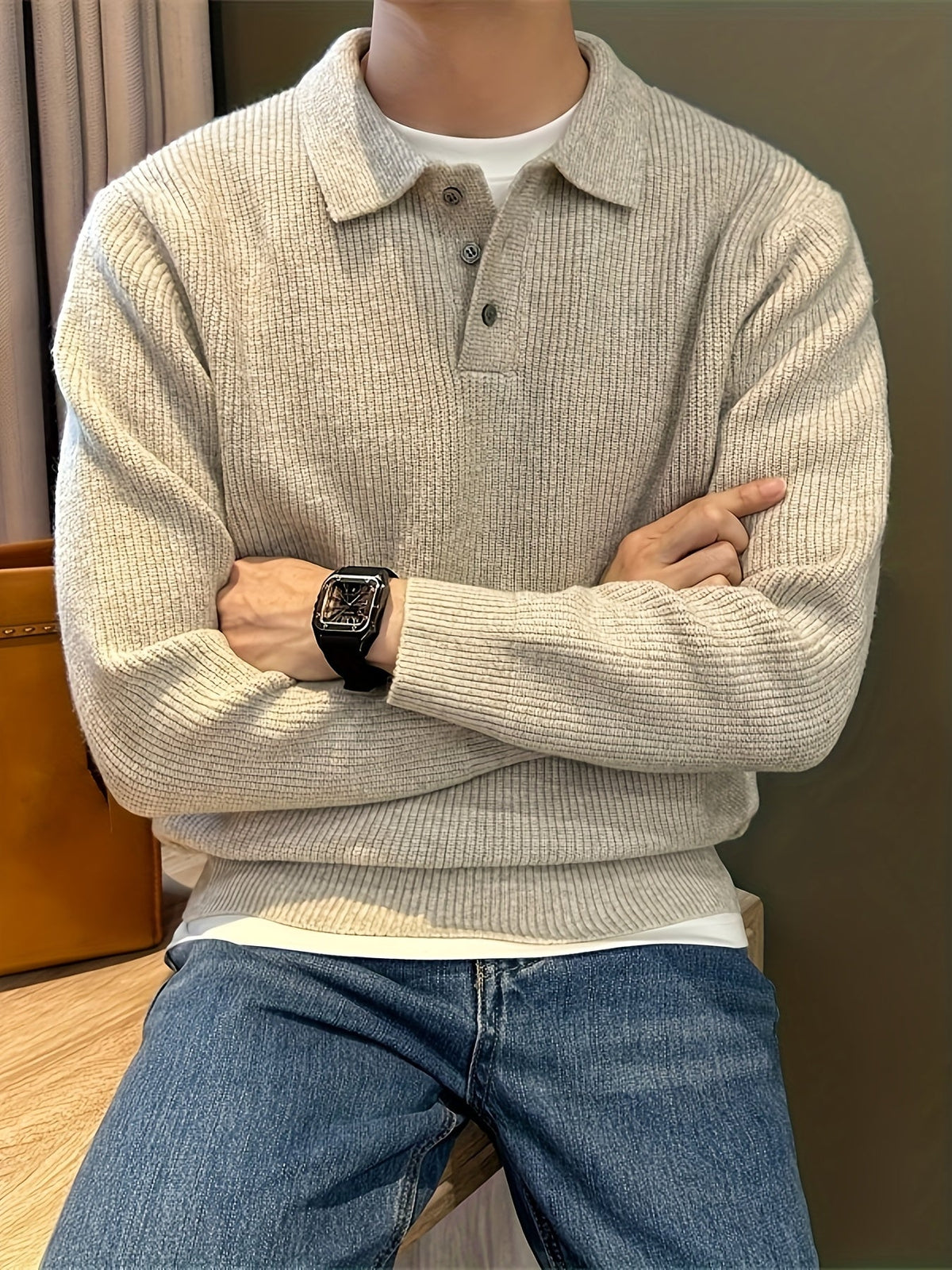 Men's ribbed knit polo sweater with point collar and long sleeves