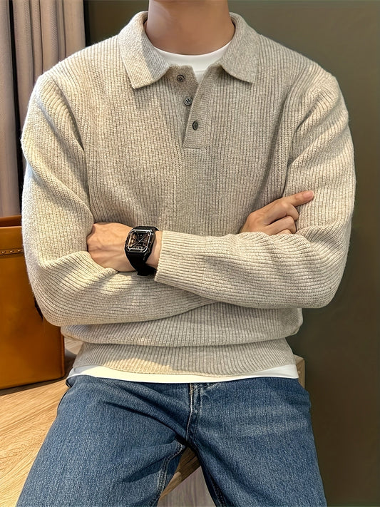 Men's ribbed knit polo sweater with point collar and long sleeves