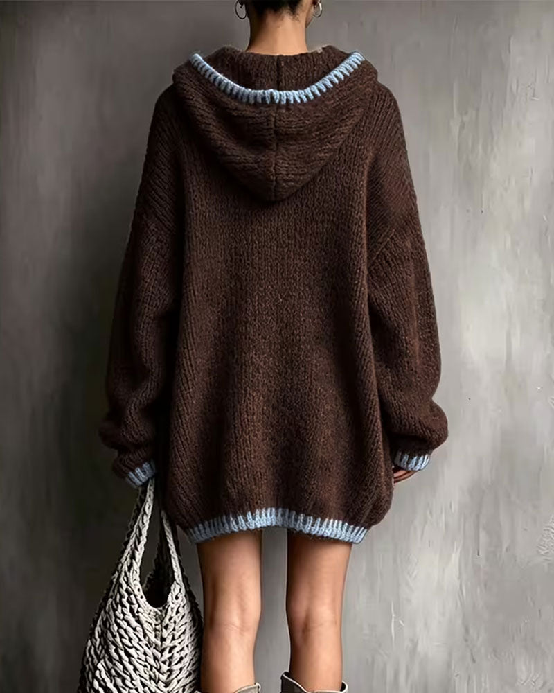 Women's brown hooded knit sweater dress with contrast trim and long sleeves