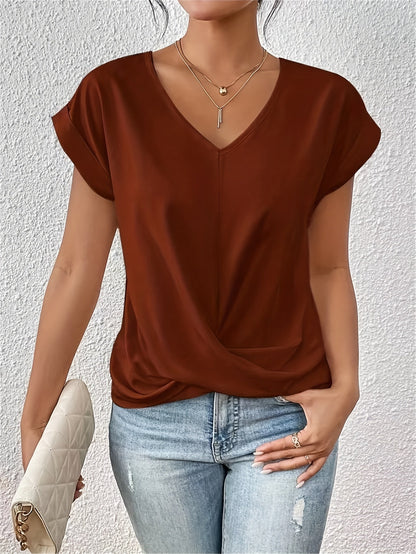 Women's V-neck short-sleeve T-shirt with twisted front gather detail
