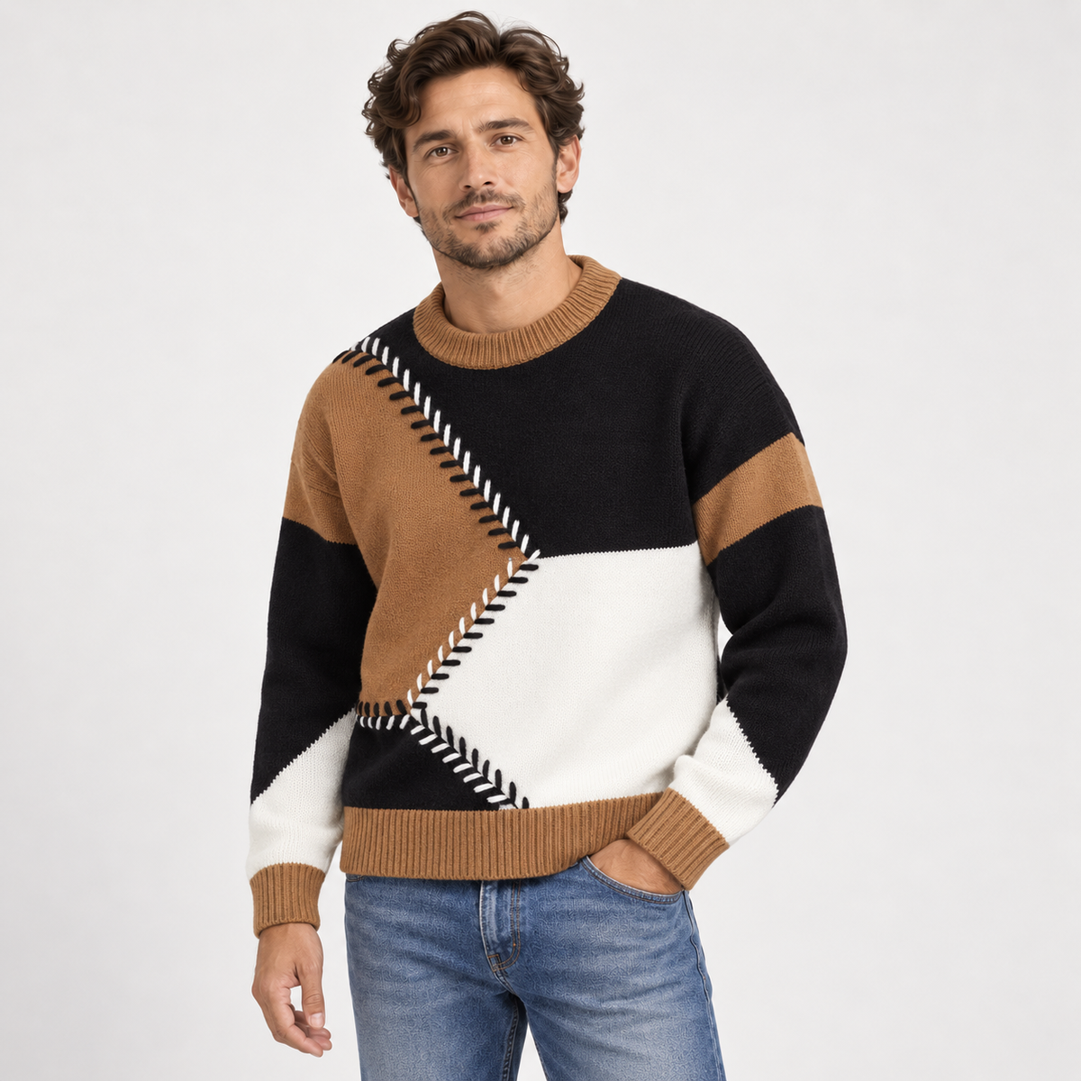Unisex geometric patchwork crew neck sweater with long sleeves and ribbed trims