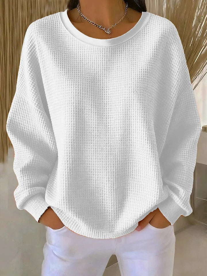 Women's textured crew neck sweater with long sleeves and ribbed trims