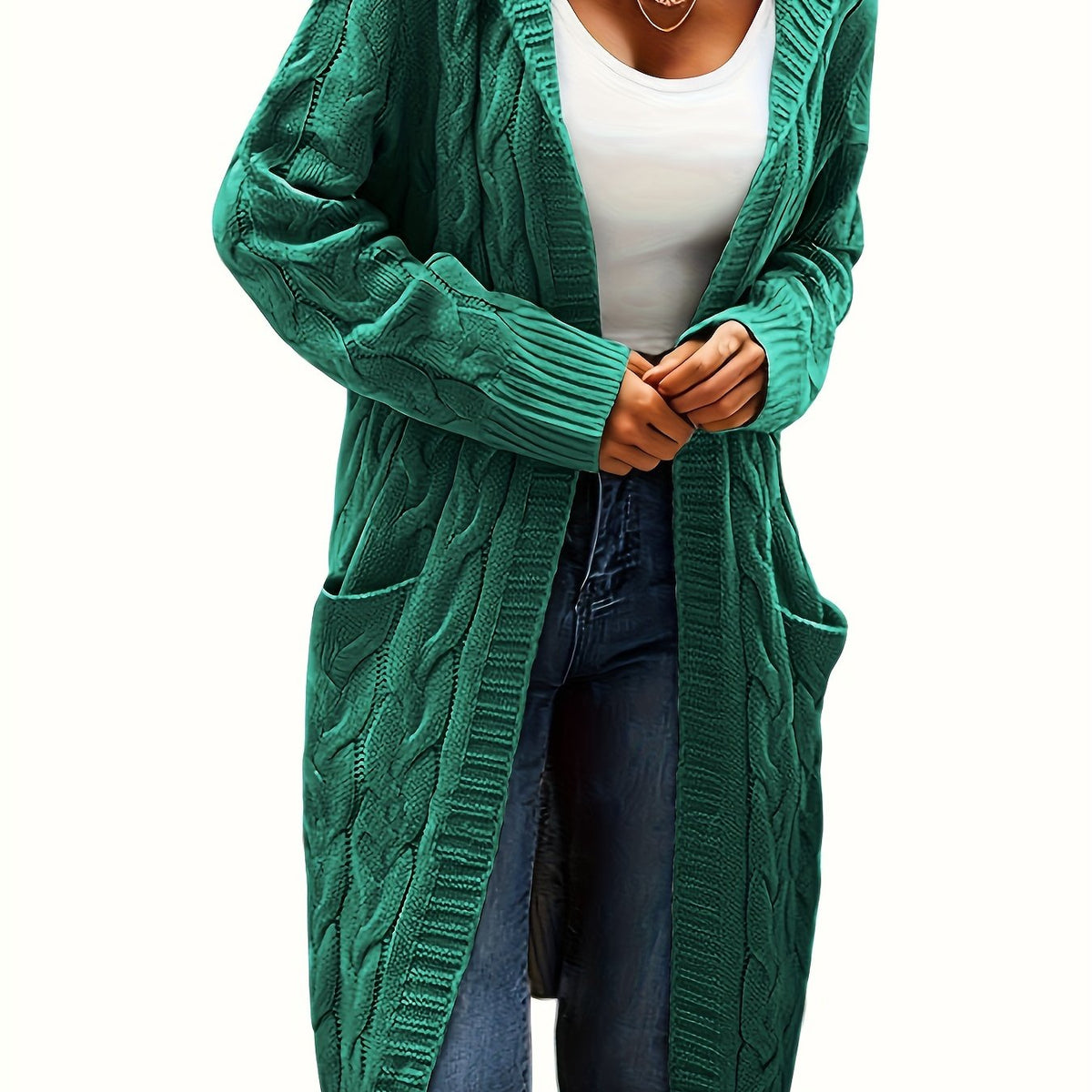 Women's long textured cable knit cardigan with open front and patch pockets