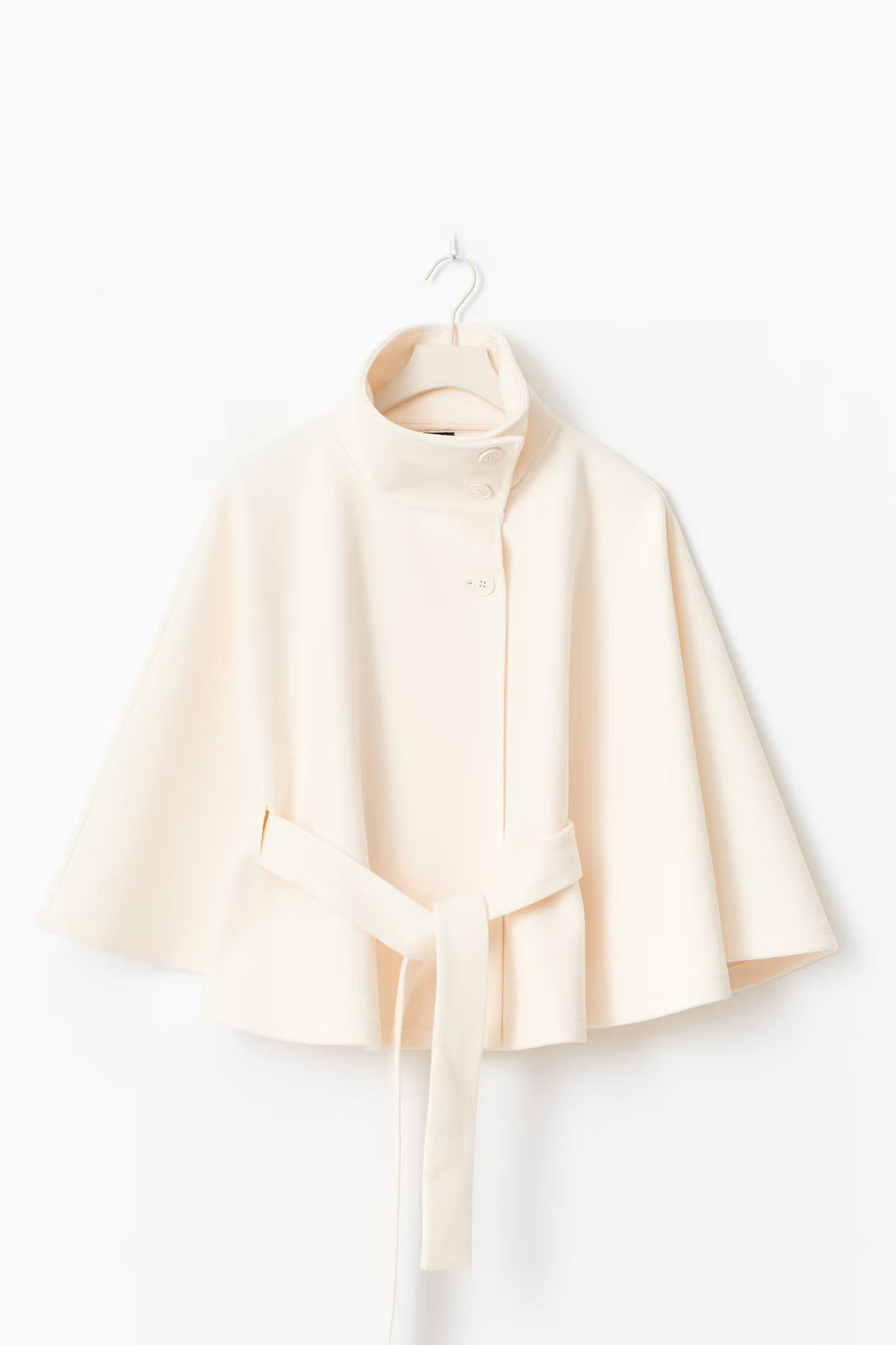 Women's cape coat with high collar and tie belt