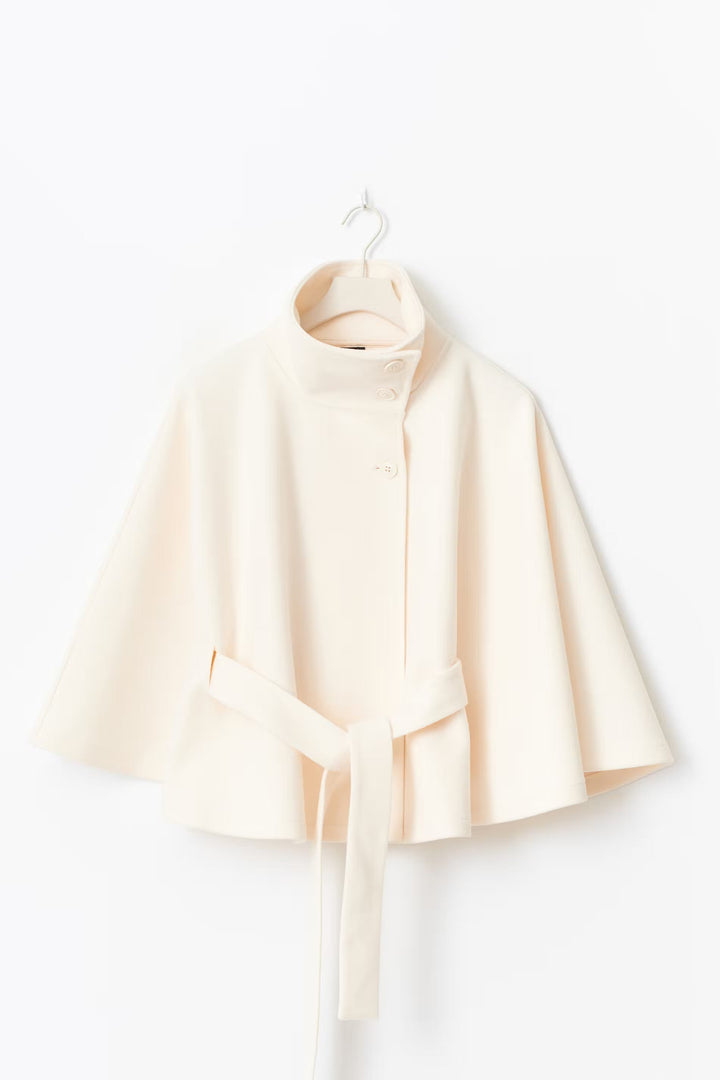 Women's cape coat with high collar and tie belt