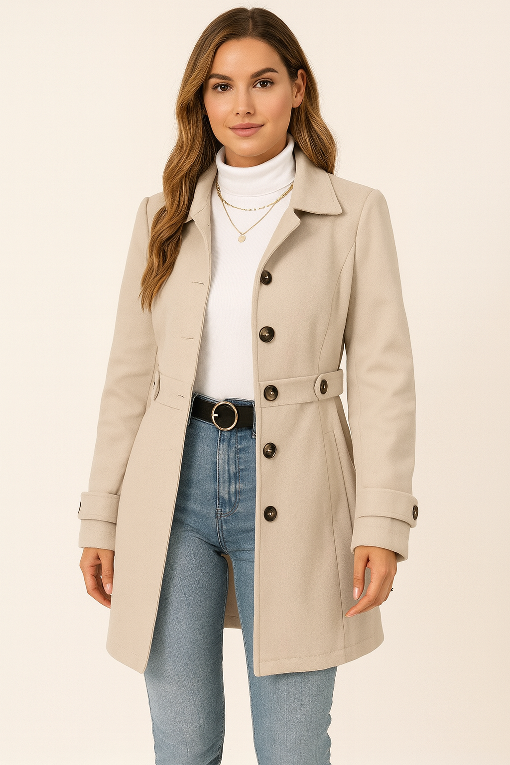 Women's belted trench coat with lapel collar and long sleeves