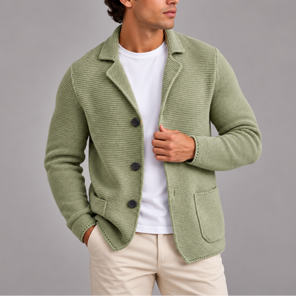 Men's knitted cardigan blazer with lapels, button front and patch pockets