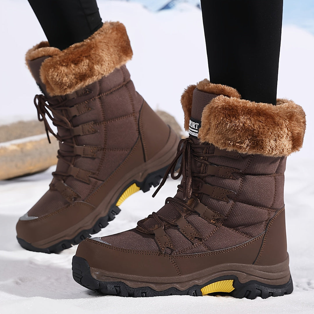 Women's winter lace-up boots with plush cuffs and lug soles
