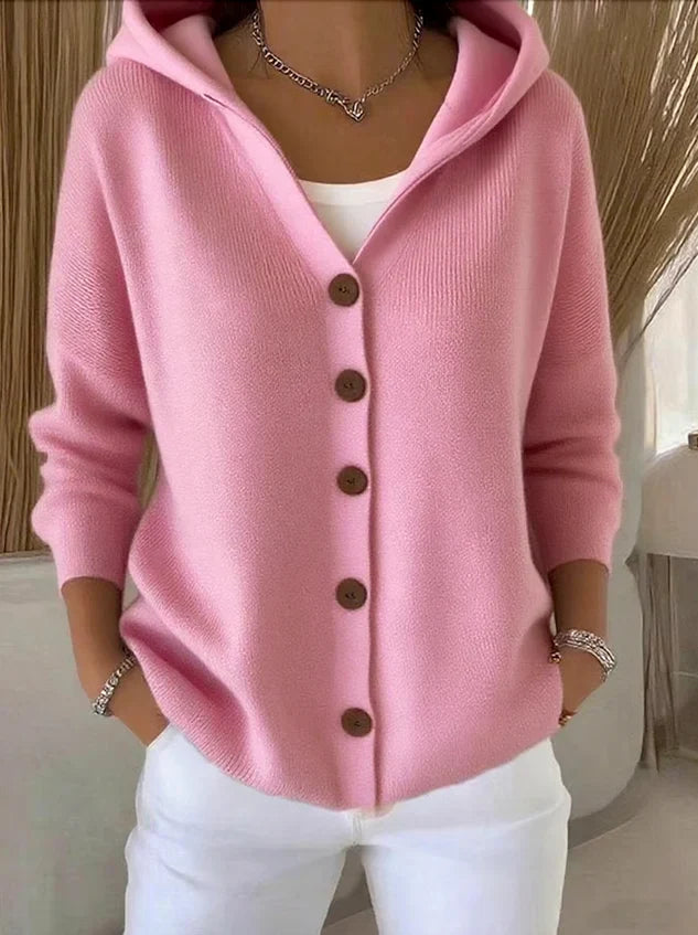 Women's hooded button cardigan with long sleeves and front pockets