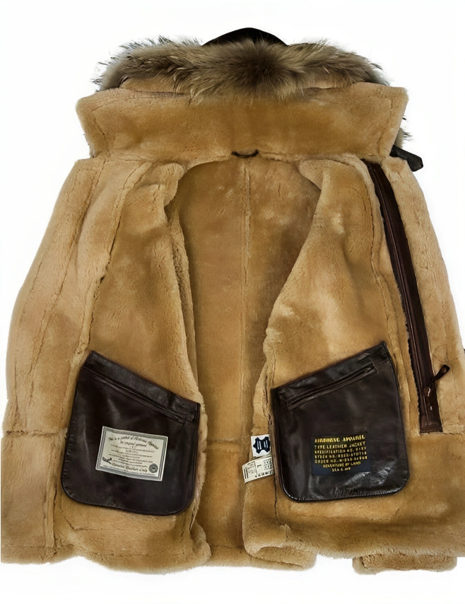Men's dark brown hooded jacket with tan fur-look trim, toggle closures and zip pockets