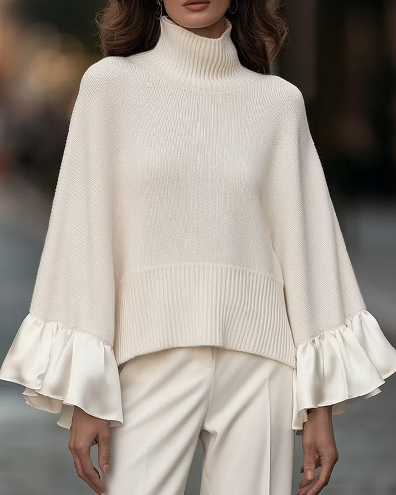 Women's cream turtleneck sweater with long ruffle sleeves and ribbed hem