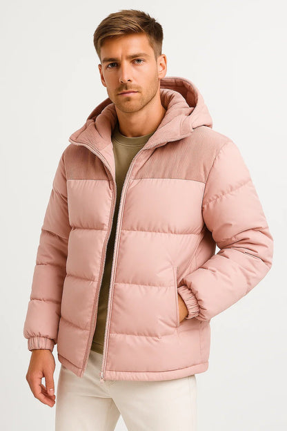 Men's hooded quilted puffer jacket with zip front and long sleeves