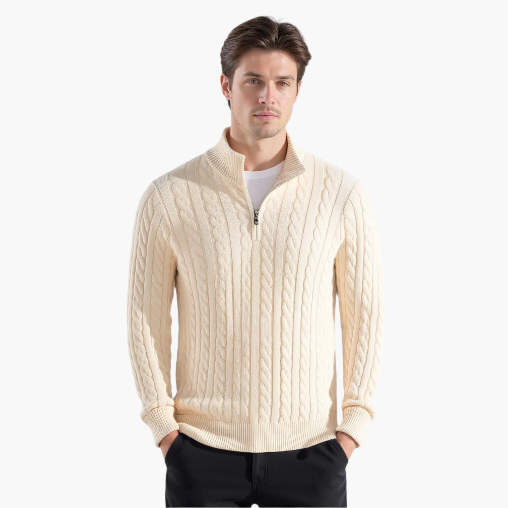 Men's five-pack cable knit quarter-zip sweaters in black, navy, gray, cream and blue