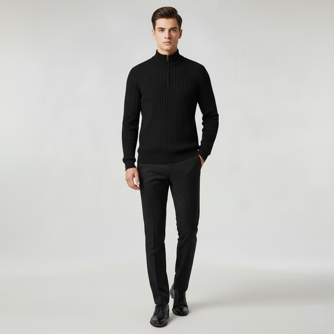 Ribbed high-collar half-zip sweater with long sleeves