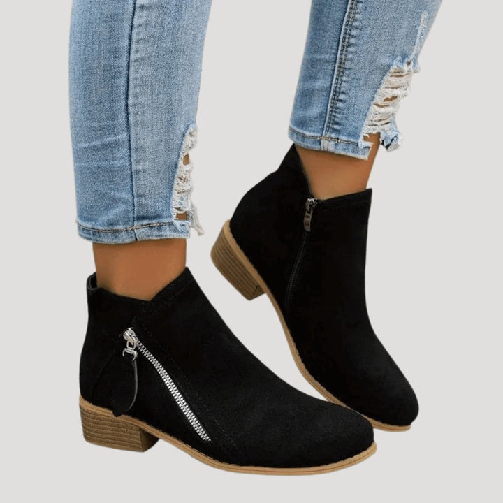 Women's ankle boots with side zippers and low block heels
