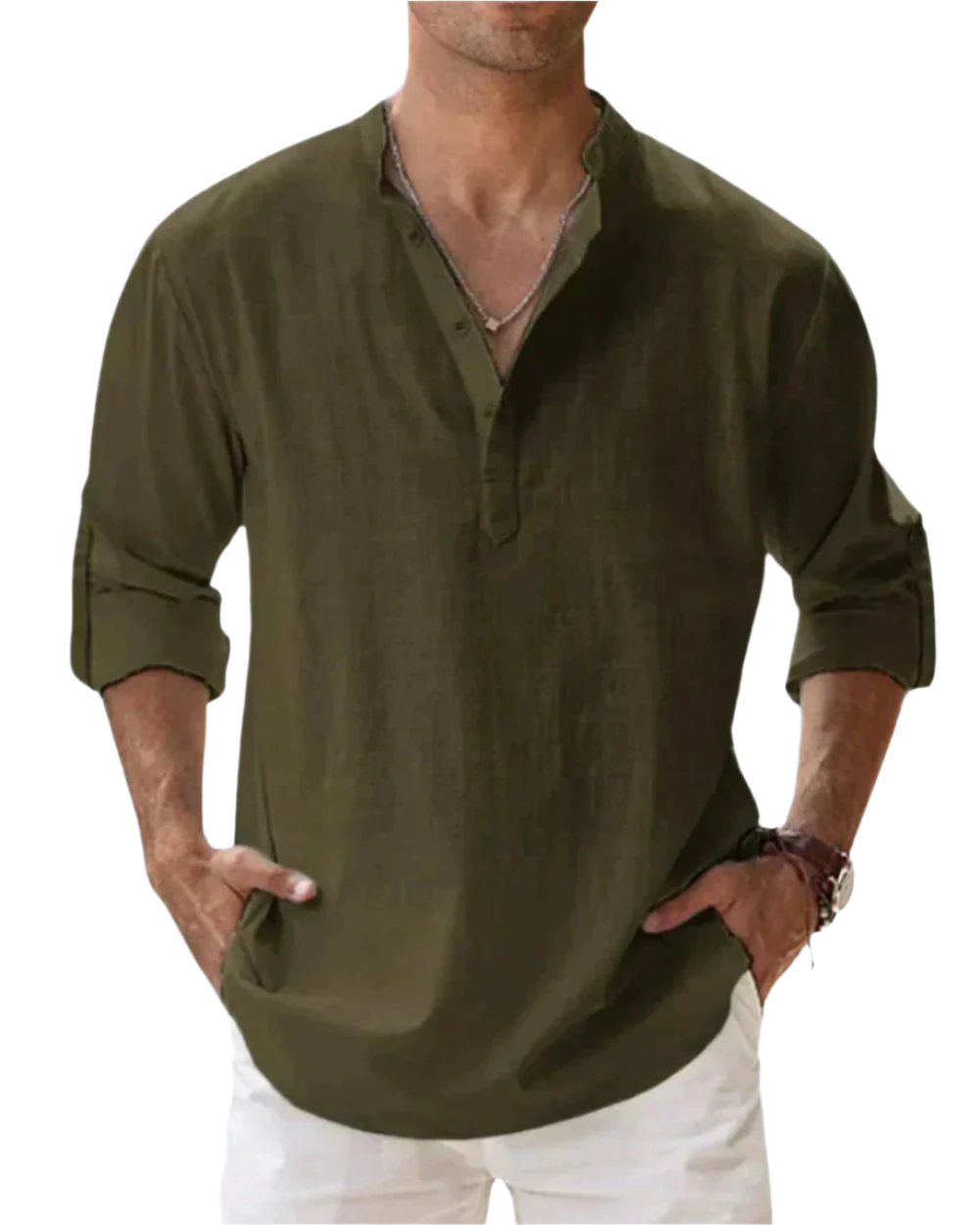 Men's solid long sleeve shirt with open collar and rolled sleeves