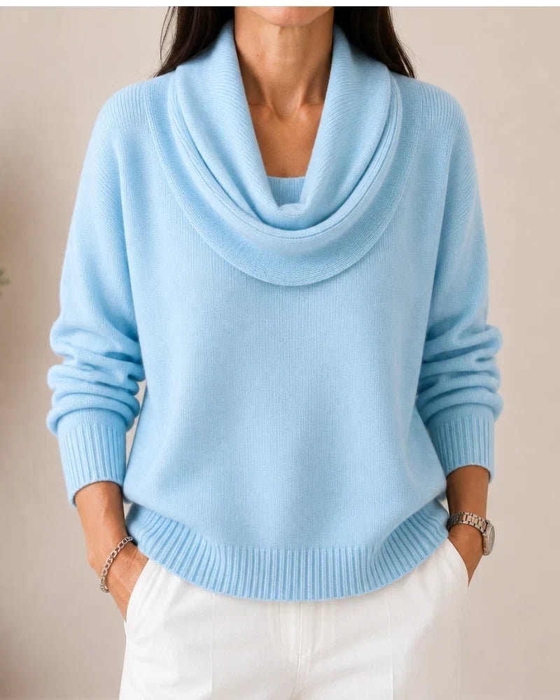 Women's knit sweater with draped cowl neckline, long sleeves and ribbed trims