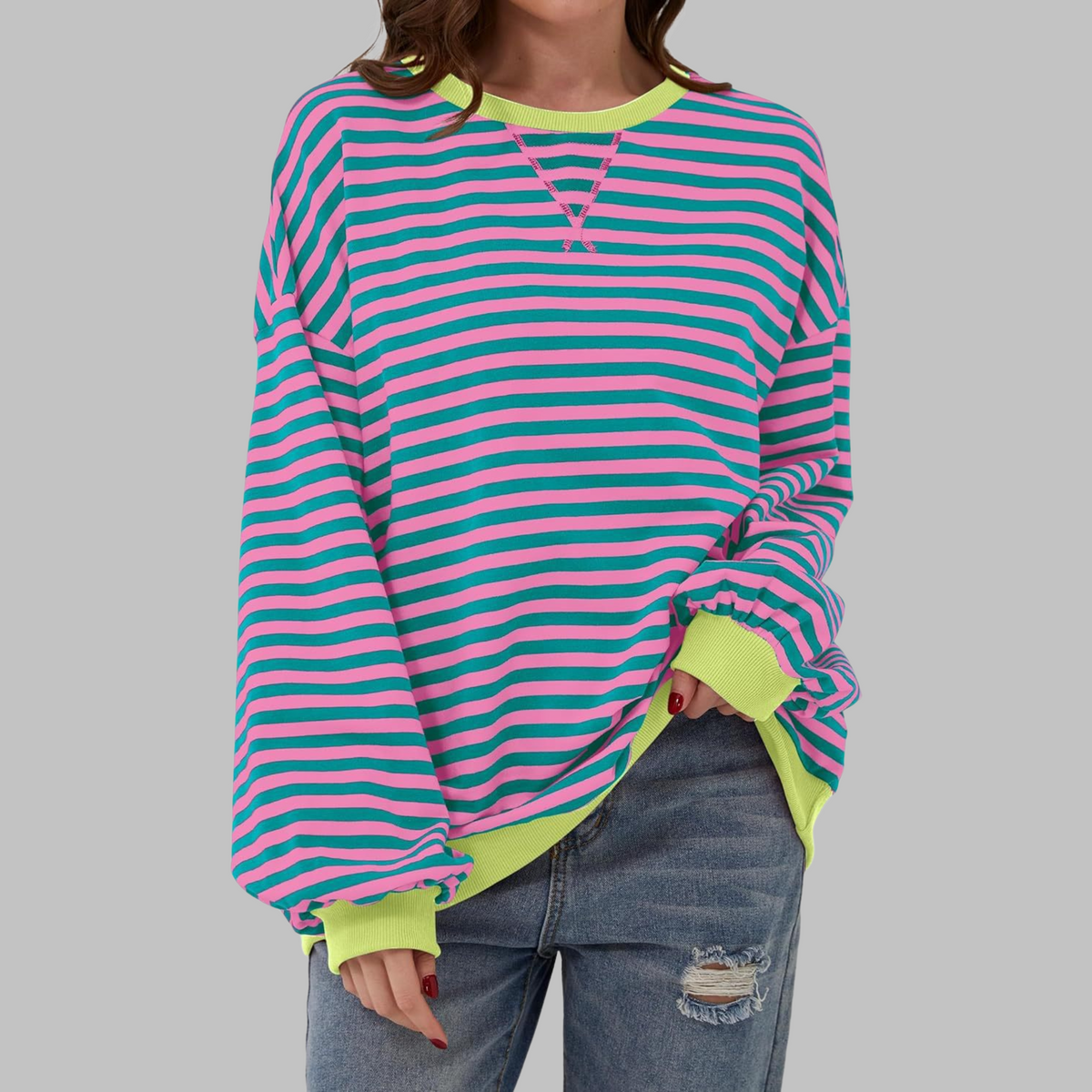 Women's striped crew neck sweatshirt with long sleeves and contrast ribbed trims