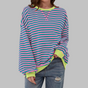 Women's striped crew neck sweatshirt with long sleeves and contrast ribbed trims