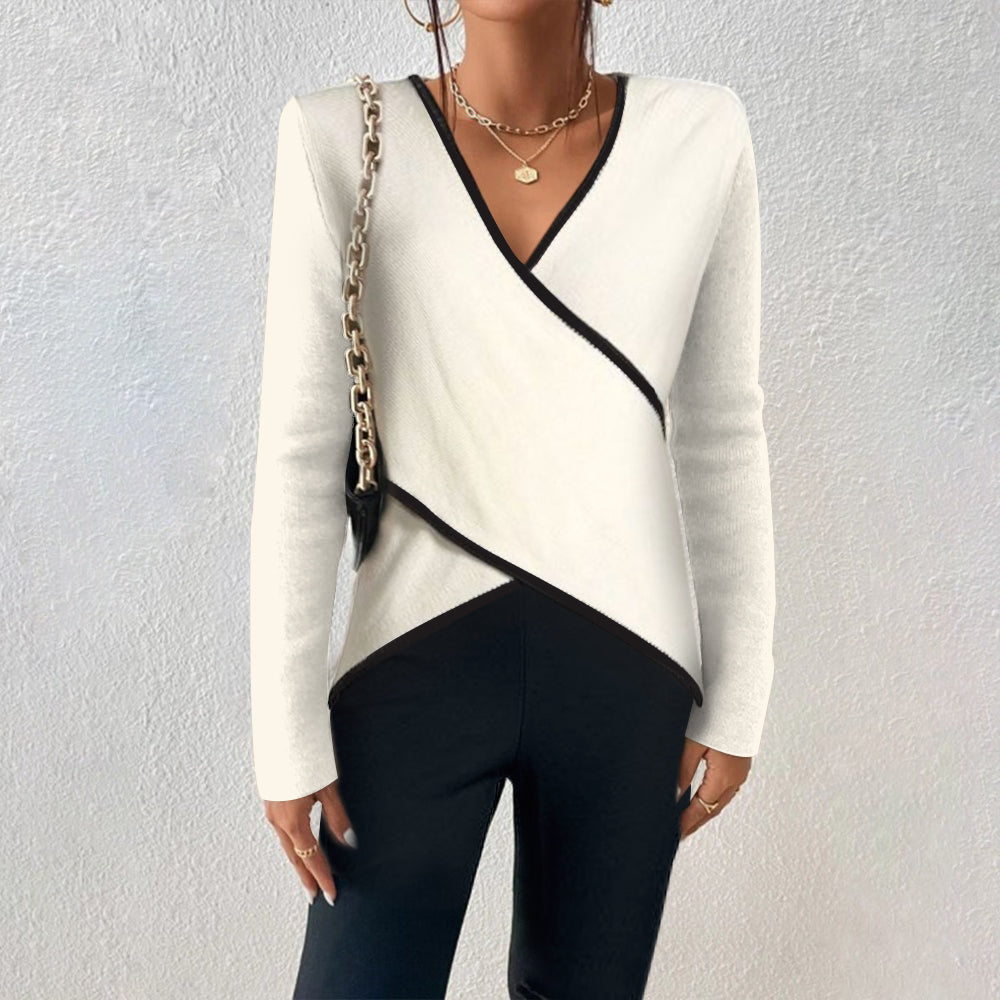 Women's white long-sleeve wrap sweater with black contrast trim