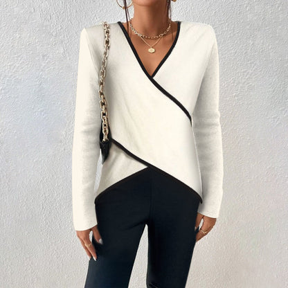 Women's white long-sleeve wrap sweater with black contrast trim