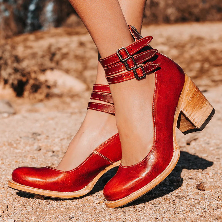 Women's ankle boots with three buckle straps and stacked block heels