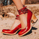 Women's ankle boots with three buckle straps and stacked block heels