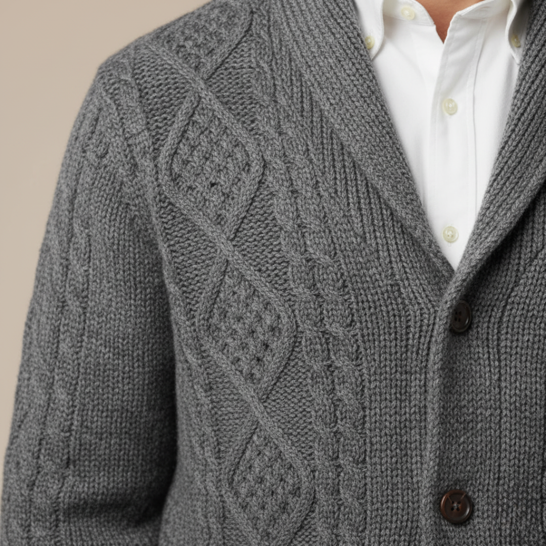 Men's cable-knit shawl-collar cardigan with buttons and pockets