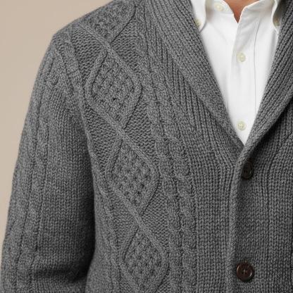 Men's cable-knit shawl-collar cardigan with buttons and pockets