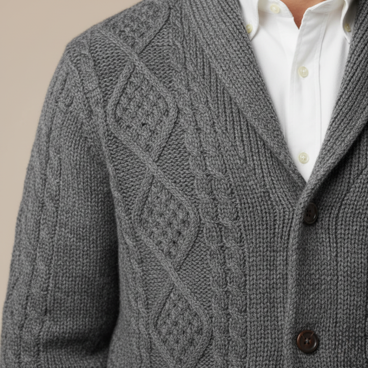 Men's cable-knit shawl-collar cardigan with buttons and pockets