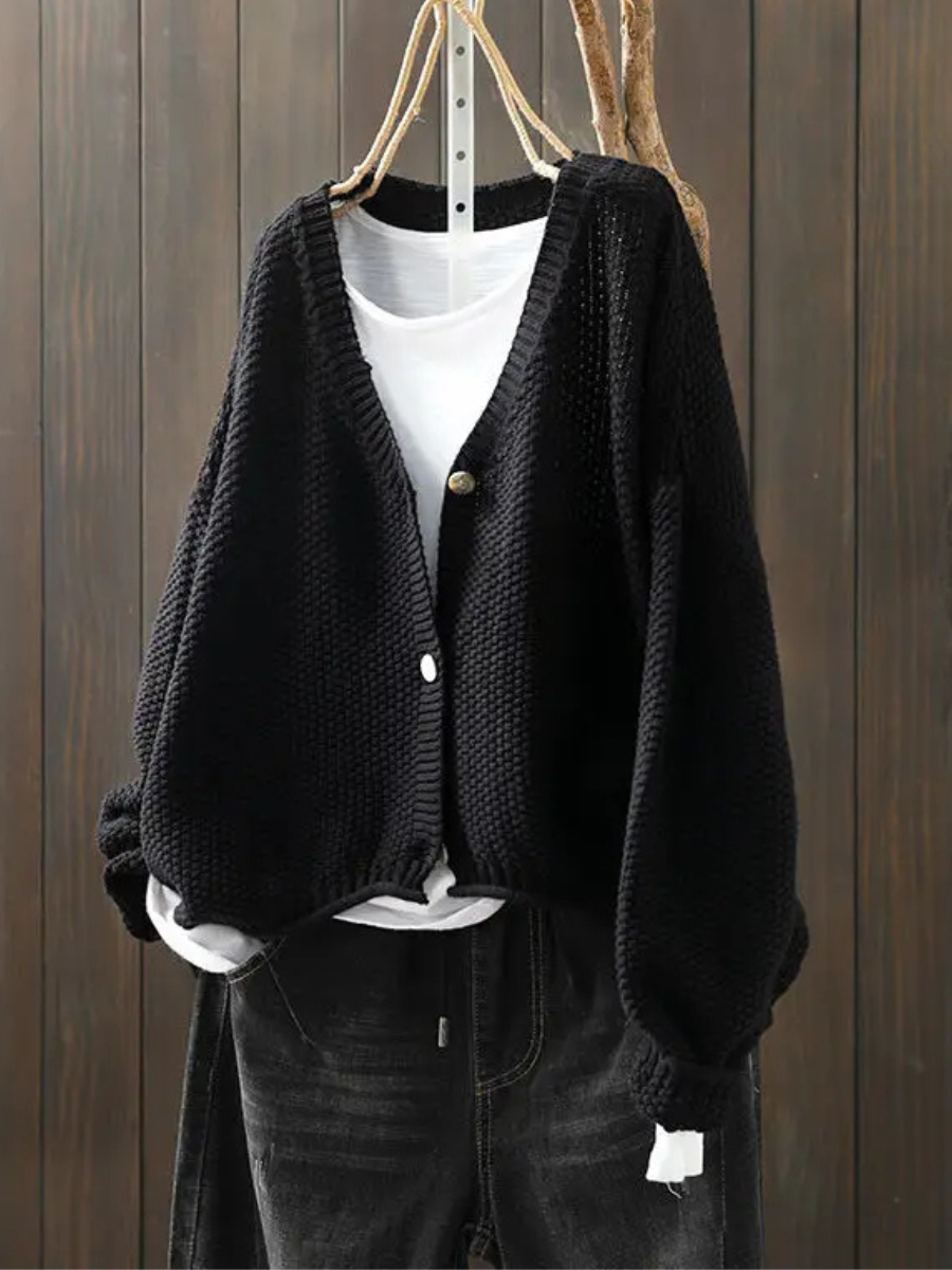 Women's textured knit cardigan with V-neck, button front and long sleeves