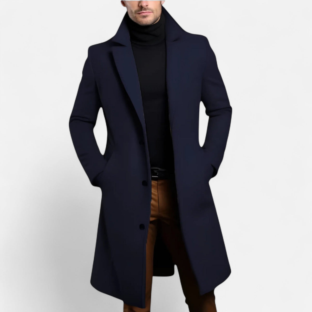 Men's long button-front coat with notched lapel and side pockets
