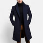 Men's long button-front coat with notched lapel and side pockets