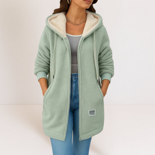 Women's longline sherpa hooded jacket with zip front and pockets