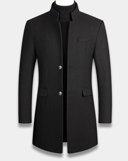 Men's long structured coat with mandarin collar, button front and flap pockets