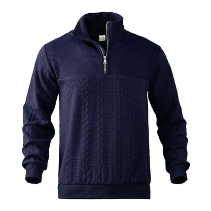 Men's cable knit quarter-zip sweater with mock neck and long sleeves