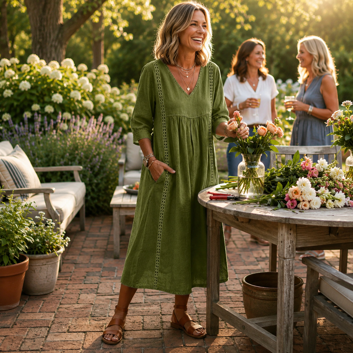 Women's Ruched 3/4-Sleeve Midi Dress — Lightweight Breathable Pocket Summer Dress