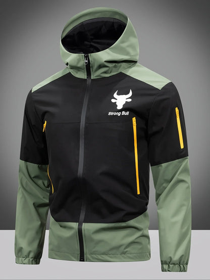 Men's black and green hooded jacket with yellow zips