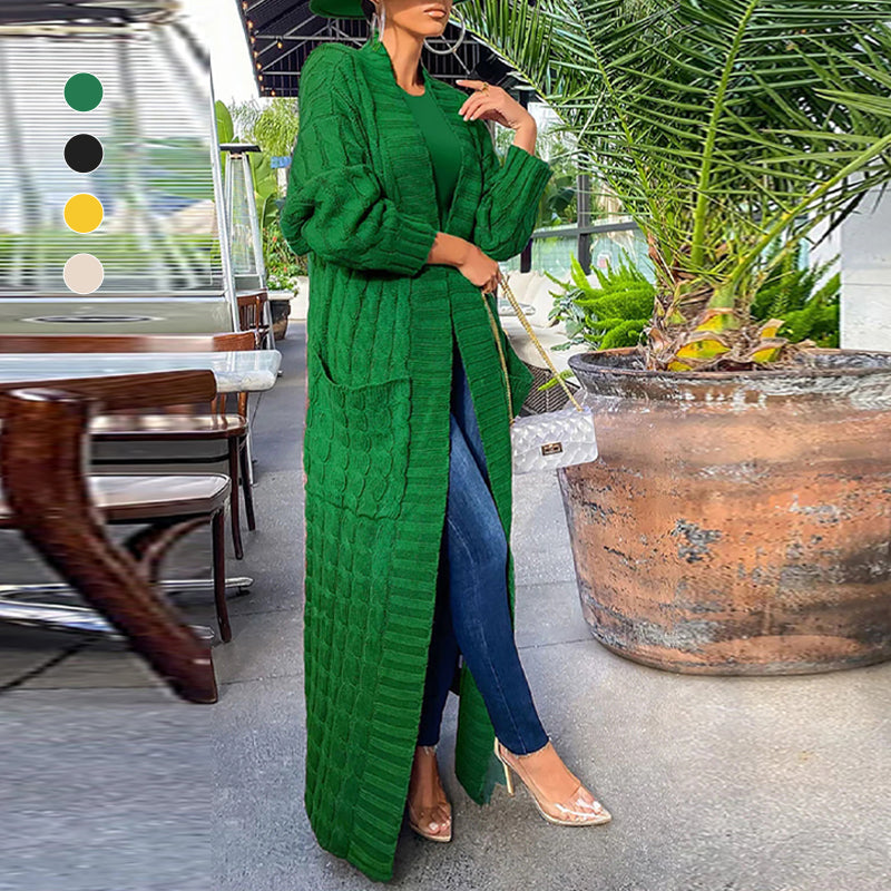 Women's longline cable knit cardigan with open front and front pockets
