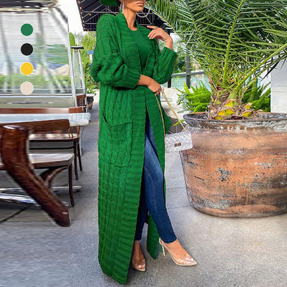 Women's longline cable knit cardigan with open front and front pockets