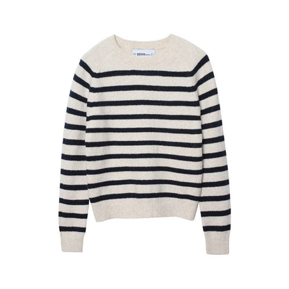 Women's cream and navy striped knit sweater with crew neck and long sleeves