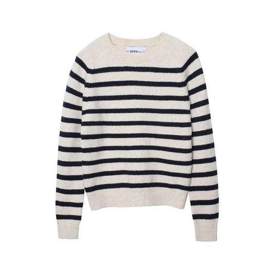 Women's cream and navy striped knit sweater with crew neck and long sleeves