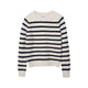 Women's cream and navy striped knit sweater with crew neck and long sleeves
