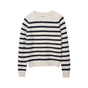 Women's cream and navy striped knit sweater with crew neck and long sleeves