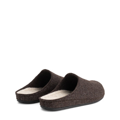 Pair of brown closed-toe house slippers with light footbeds and black flat soles