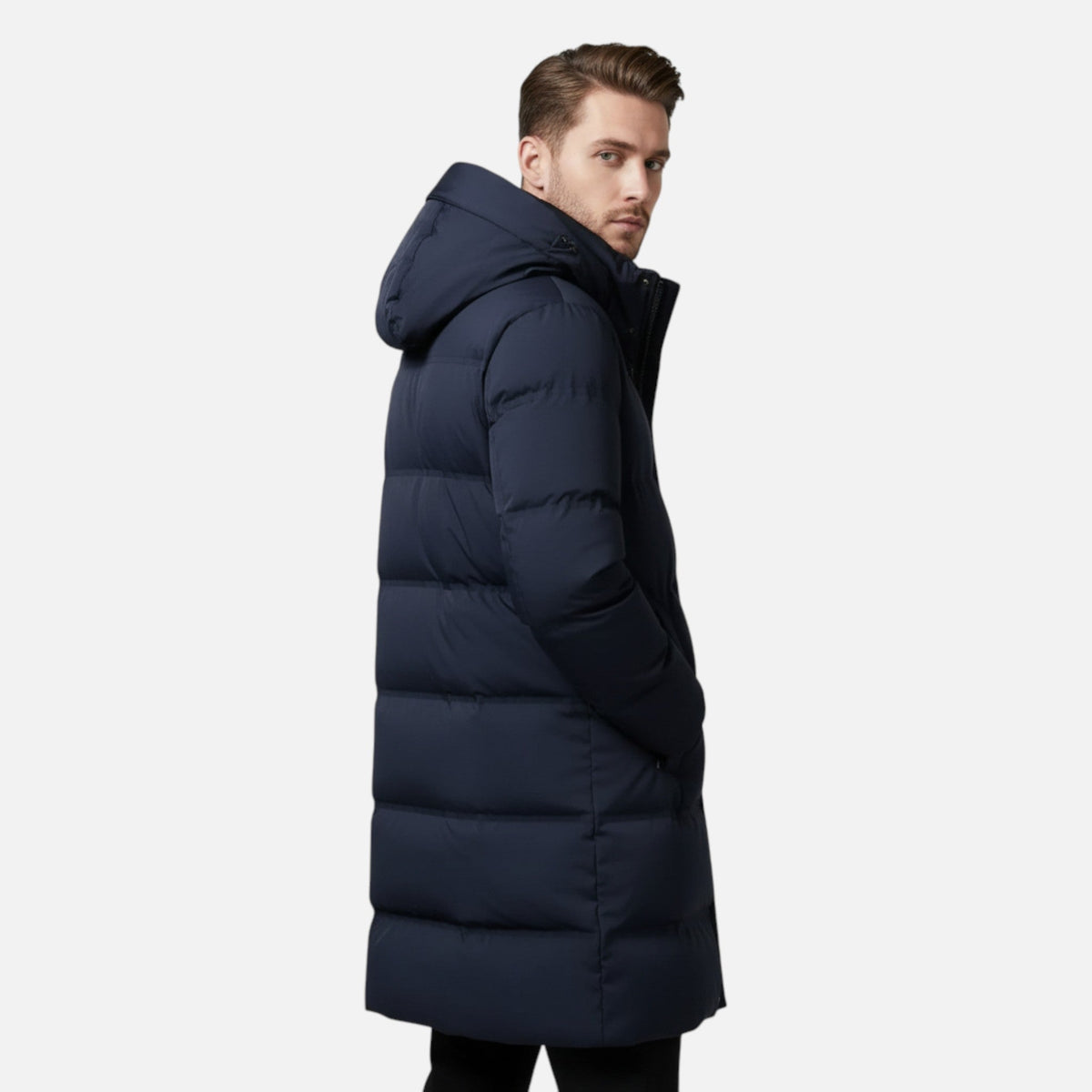 Men's long hooded quilted parka with zip front and snap placket