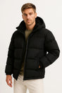 Men's hooded quilted puffer jacket with zip front and long sleeves