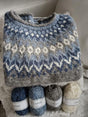 Blue gray and cream geometric Fair Isle crew neck jumper